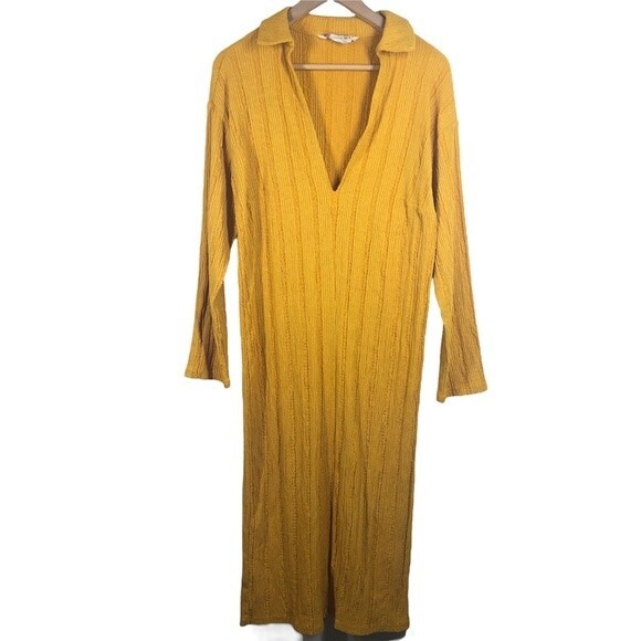 Free People Beach Aster Long Sleeve Collar Tee Dress Marigold Caftan Cover XS - Picture 1 of 10